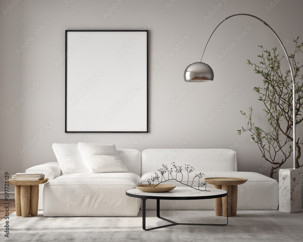 Mockup poster frame on the wall of living room. Luxurious apartment background with contemporary design. Modern interior design. 3D render, 3D illustration.