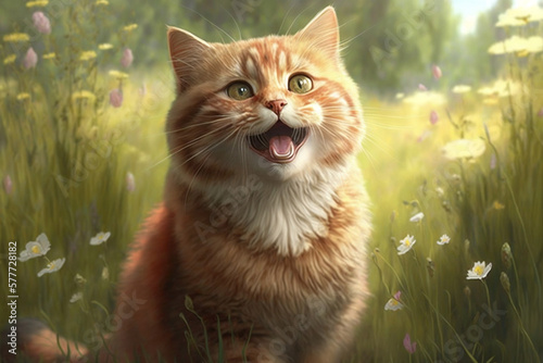 A Happy Kitten in the Grass with a Big Smile Surrounded by Flowers generative ai illustration