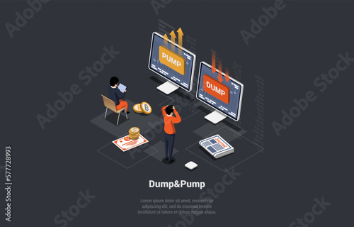 Forex, Stock Market Practice of Inflating Stock Prices to Produce Value, Dump And Pump. Characters Crypto Team With Market Maker Increase Market Volatility. Isometric 3d Cartoon Vector Illustration