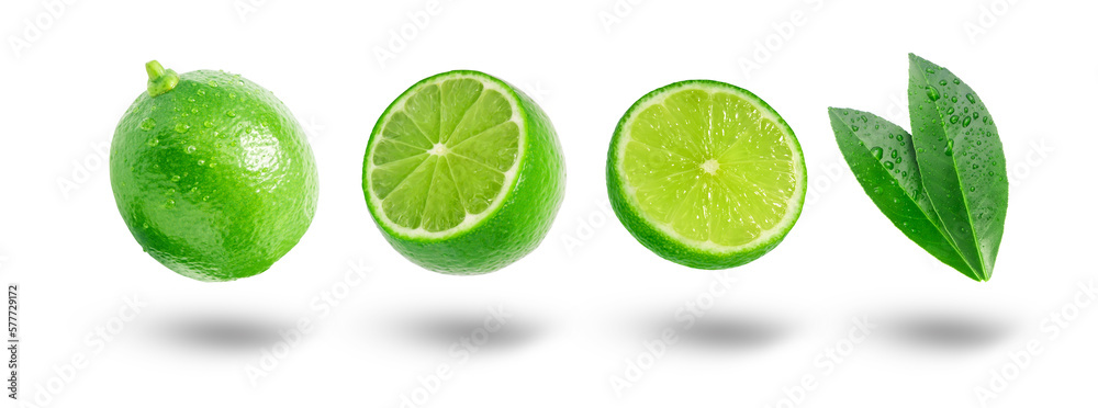 Flying lime has water drop with slices and leaf collection isolated on white background.