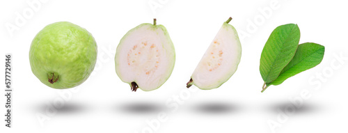 Flying guava fruit with slice and leaf collection isolated on white background.