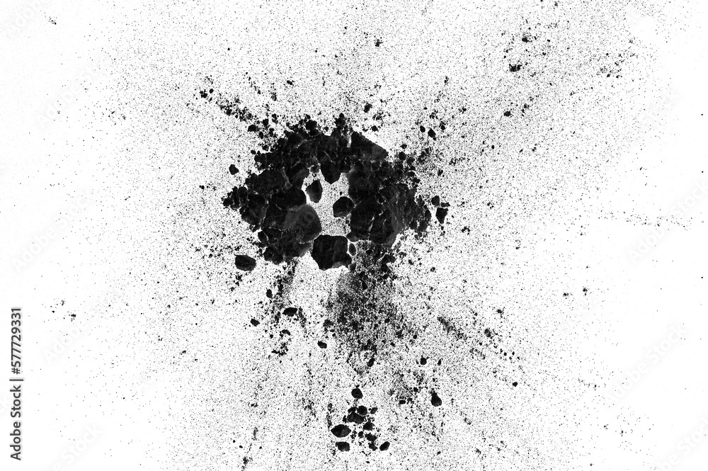 Powder with ash and dust splashing with pieces of dirt and coal isolated on white Powder with ash and dust splashing with pieces of dirt and coal isolated on white