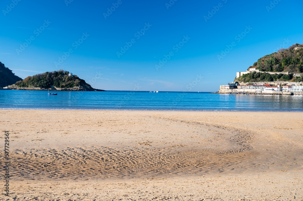 White sandy La Concha beach in central part of Donostia or San Sebastian city, Basque Country, Spain