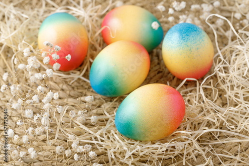 Easter painted colorful natural chicken eggs with dried hay and flowers scatered on rustic background.