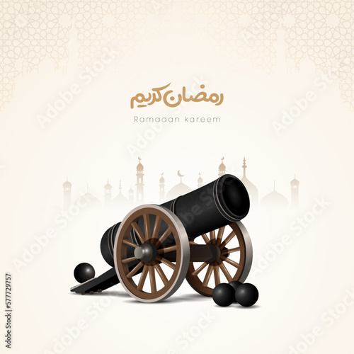 Foto Ramadan Cannon vector design with Islamic design and Arabic calligraphy text, Tr