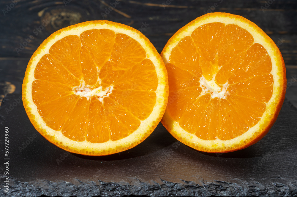 Sicilian sweet juicy yellow navel oranges close-up Sicilian sweet juicy yellow navel oranges close-up