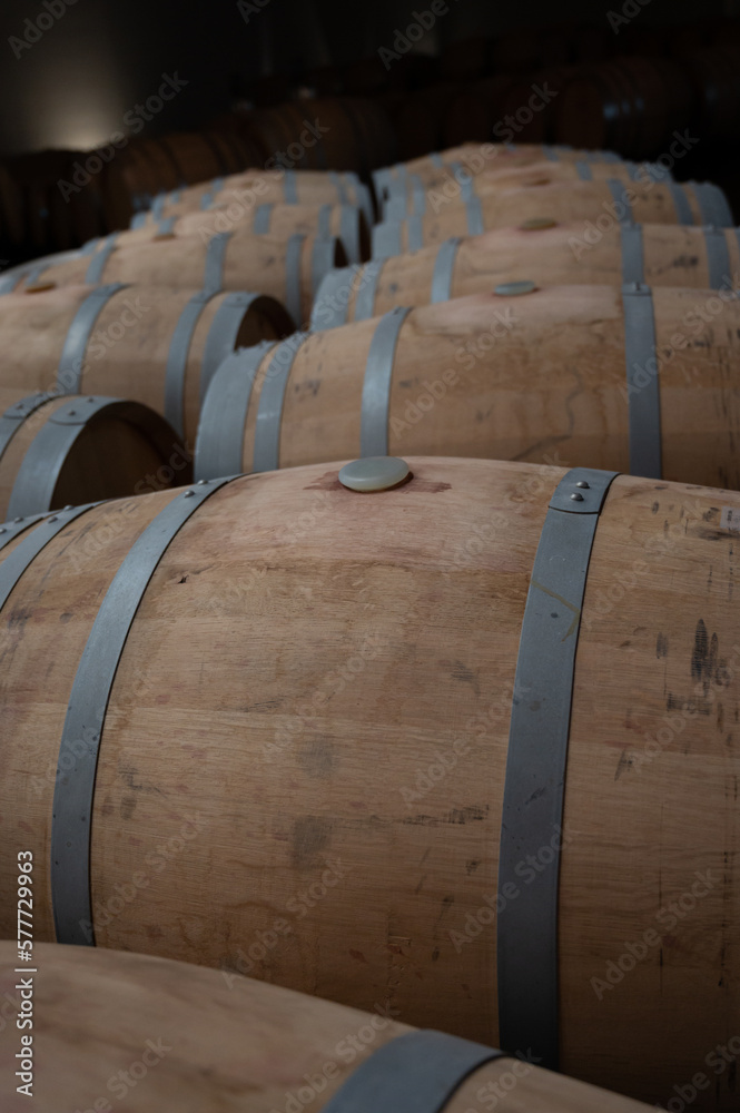 Rows of french and american oak barrels in cellars of winery in Rioja wine making region, Spain Rows of french and american oak barrels in cellars of winery in Rioja wine making region, Spain