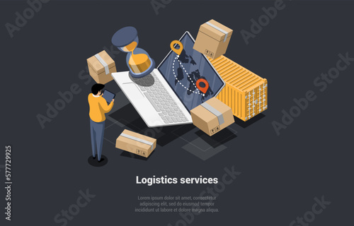 Warehouse, Logistics Service, Self Storage Unit Concept. Character Is Working In Warehouse With Cardboard Boxes. Employee Processes Taking Online Orders On Tablet. Isometric 3D Vector Illustration