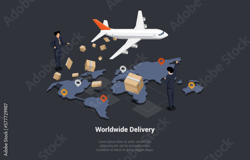 Worldwide Online Fast Air Delivery Service Home And Office Concept. International Delivery, Worldwide Post Structure, City logistics. People Send And Receive Parcels. Isometric 3d Vector illustration