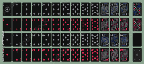 Black playing printable vector cards for gambling (poker, bridge), deck of 52 cards. Silhouette a portrait of the King, Queen, Jack and Joker and 4 suits spades, hearts, diamonds, clubs.