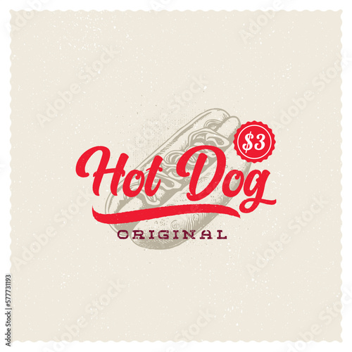 Hand drawn logo hot dog silhouette and modern vintage typography retro style vector illustration. Sausage label for fast food packaging and restaurant menu decoration.