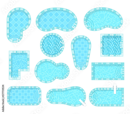 Swimming pool top view square rectangle oval circle curved blue aqua reflection set vector flat