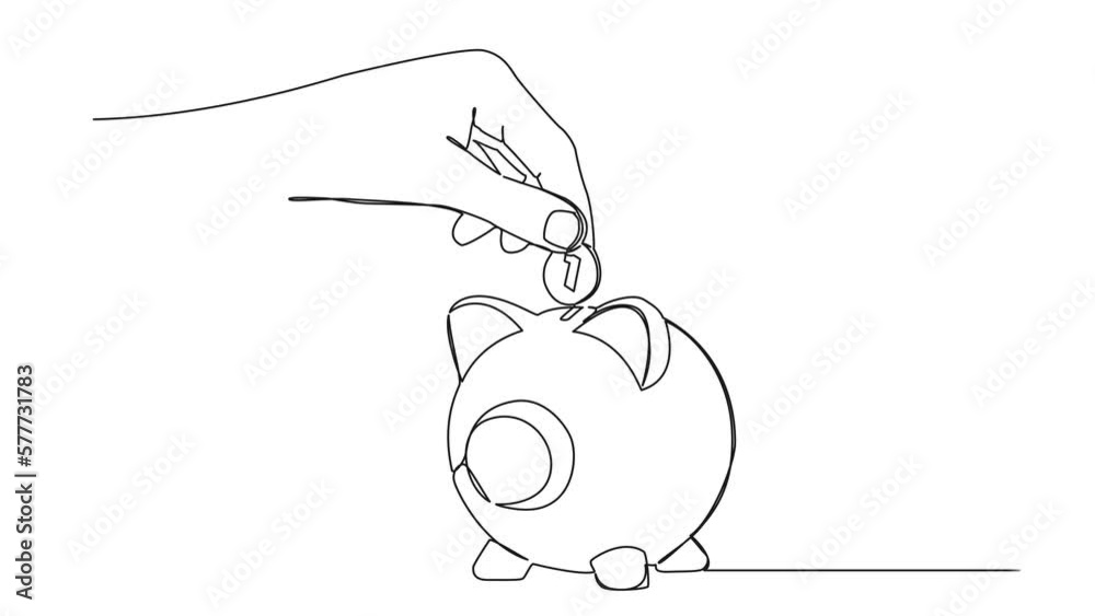 animated continuous single line drawing of hand inserting coin into piggy bank, saving money line art animation