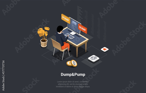 Forex, Stock Market Practice of Inflating Stock Prices to Produce Value, Dump And Pump. Man Market Maker Moving Price On Stock Market Exchange Using Various Tools. Isometric 3d Vector Illustration