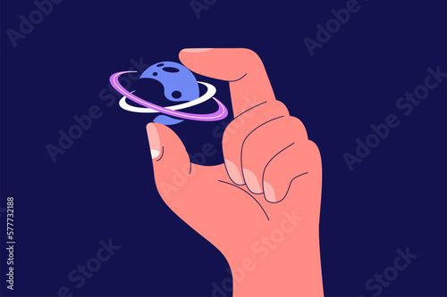 Human hand holding a planet with two rings. Abstract space exploration and technology concept. Vector illustration