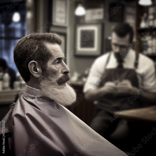 Image of an older man with a full beard ready for his shave while in the background the barber prepares the razor blade. Image generated by AI from a photo of the photographer photo
