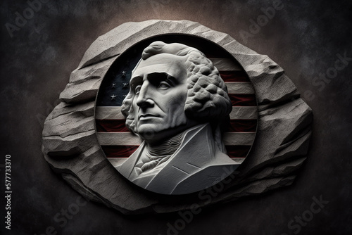 founding father of usa carved in stone with american flag. Generative AI photo