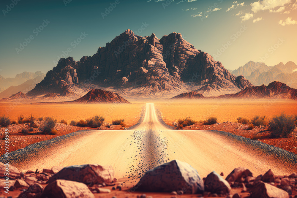 a road through a sandy desert with mountains in the background. Generative AI