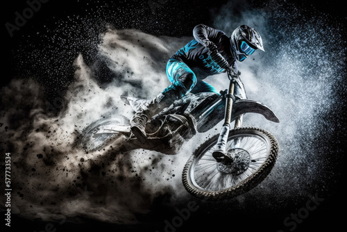 a motocross rider jumps with his machine and whirls up a lot of dirt and sand. Generative AI © jr-art