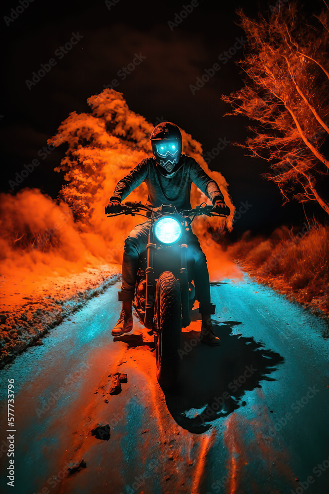 Fototapeta premium Zombie riding a motorcycle in a red hazy road in the forest at night, Undead horror concept. Generative AI 