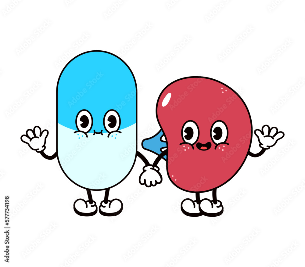 Obraz premium Cute, funny happy spleen and pill character. Vector hand drawn cartoon kawaii characters, illustration icon. Funny cartoon spleen and pill friends concept