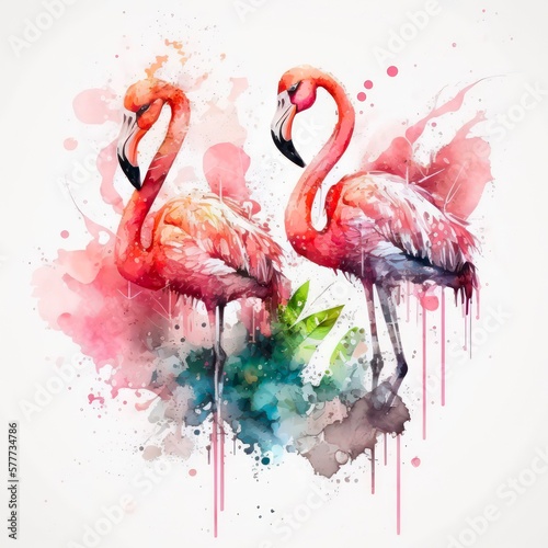 Watercolor illustration of two pink flamingos on white background. Abstract painting of beautiful flamingos pair in aquarelle style with paint splashes. Generative AI art. © Hanna