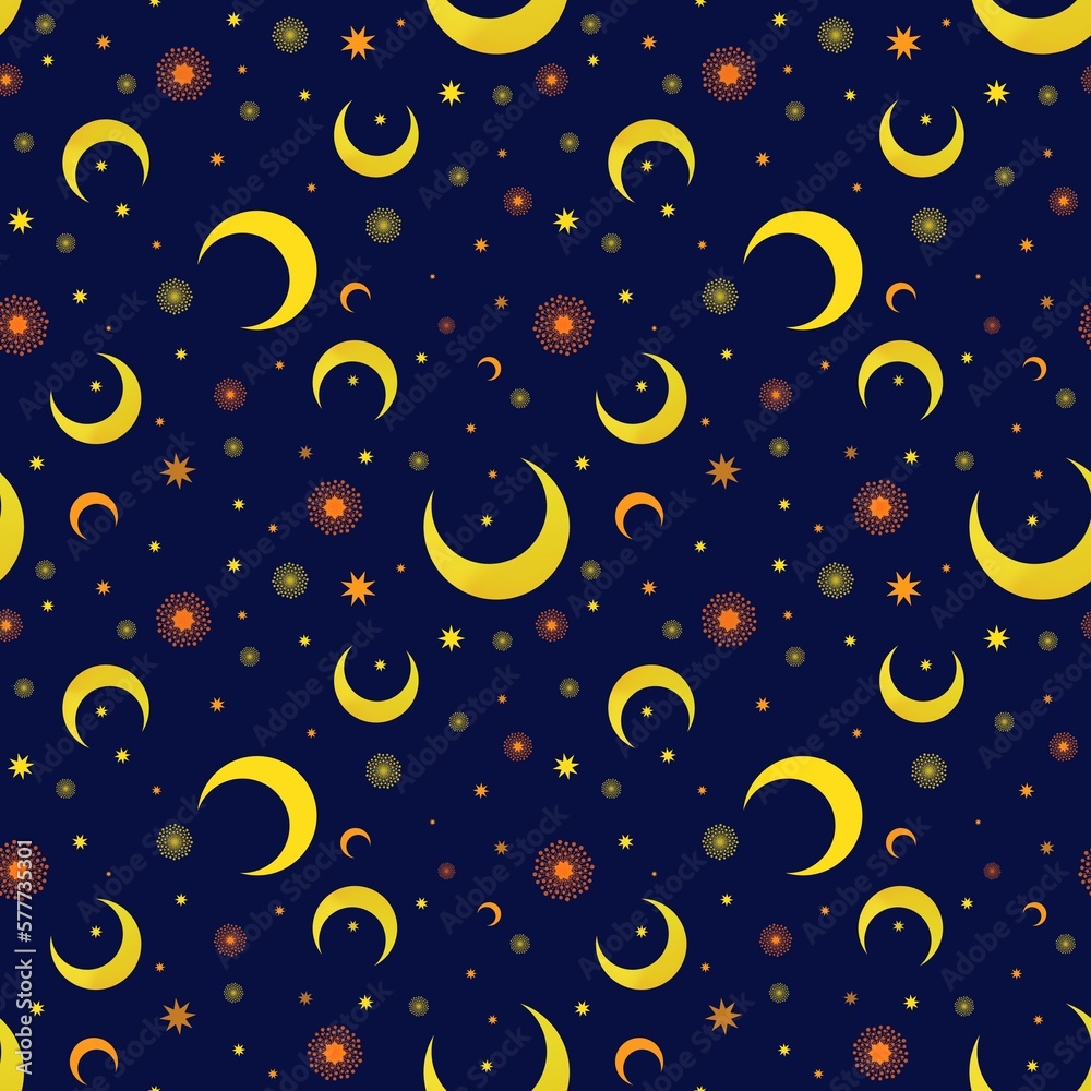 Seamless pattern with yellow and orange moons on a navy blue background