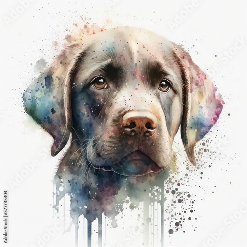 Watercolor portrait of a cute brown labrador. Colorful illustration of chocolate labrador in aquarelle style with paint splatters. Generative AI art. photo