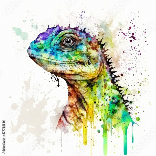 Abstract watercolor illustration of a wild lizard on white background. Colorful painting of exotic reptile in aquarelle style. Generative AI art.