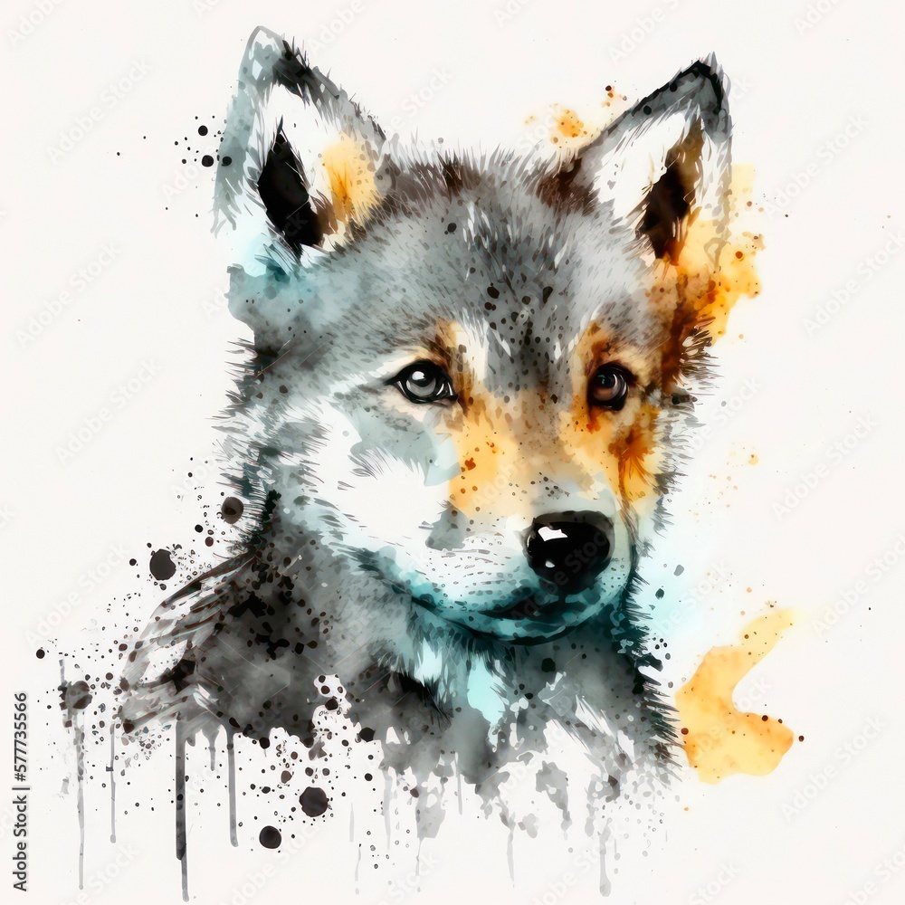 Fototapeta Cute baby wolf. Watercolor illustration of a pretty dog on white background. Generative AI art.