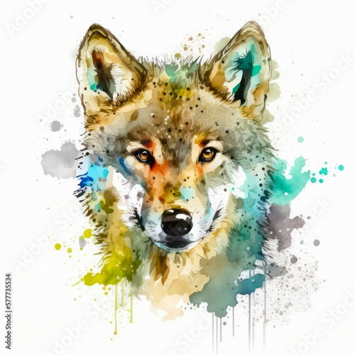 Beautiful gray wolf in aquarelle style. Watercolor illustration of a pretty dog on white background. Generative AI art. © Hanna