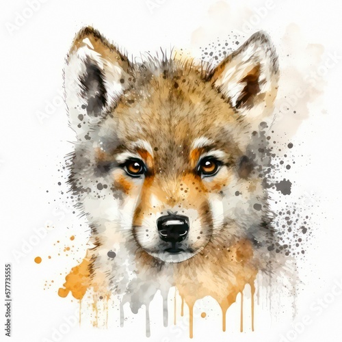 Cute baby wolf. Watercolor illustration of a pretty dog on white background. Generative AI art.