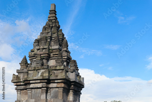 Close up of Prambanan or Candi Rara Jonggrang is a Hindu temple compound in Java  Indonesia  dedicated to the Trimurti  the Creator  Brahma   the Preserver  Vishnu  and the Destroyer  Shiva .