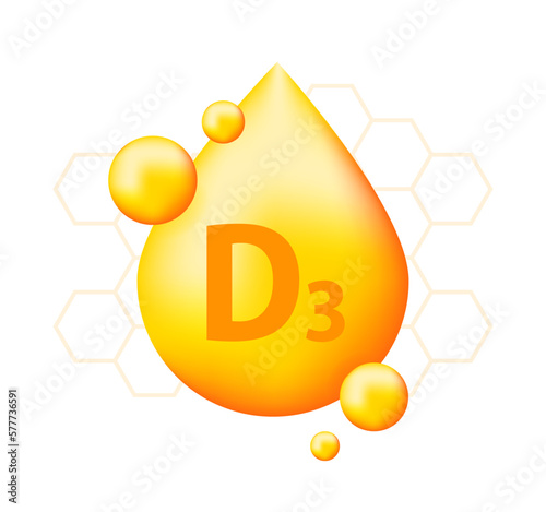 Vitamin D3 with realistic drop. Particles of vitamins in the middle