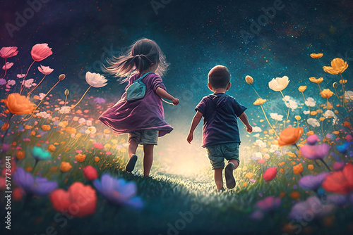 Canvas Print Frühling, fröhliche Kinder springen über die Frühlingswiese, generative AI