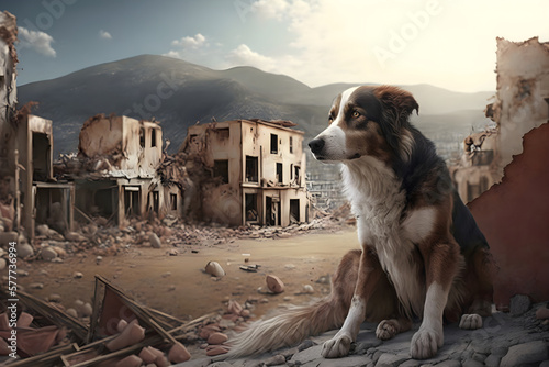 A dog sits in the rubble of houses after the earthquake. Generative AI content photo