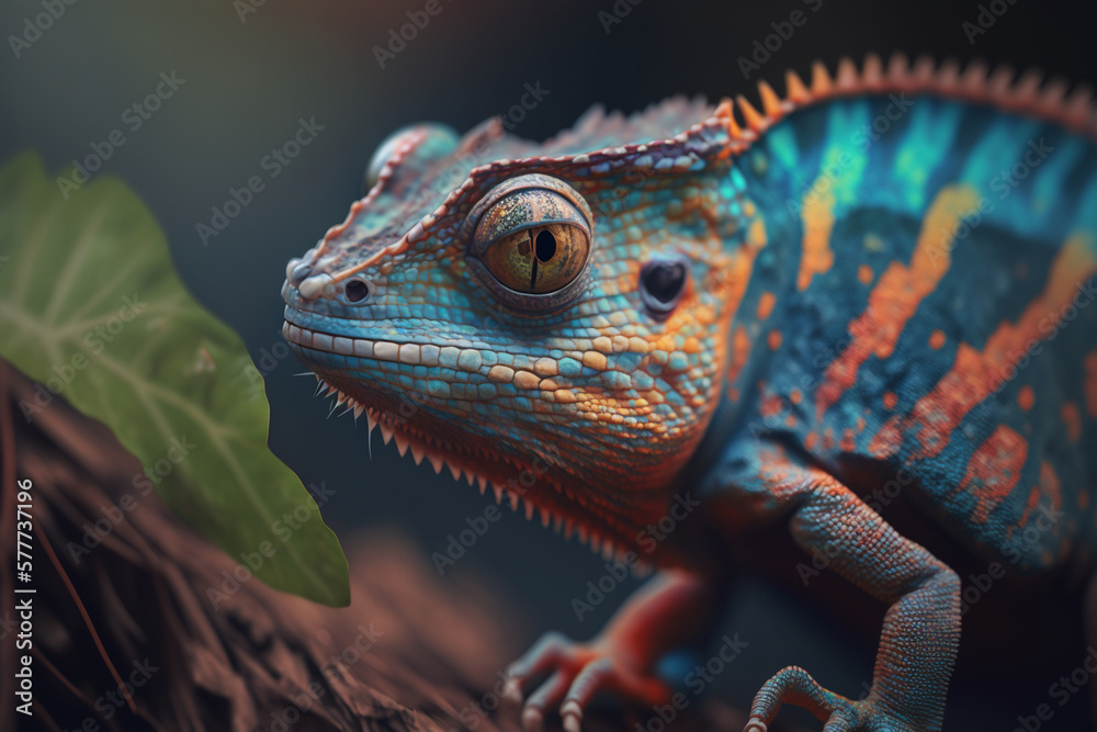 Fototapeta premium Multicolored chameleon close-up. AI generated