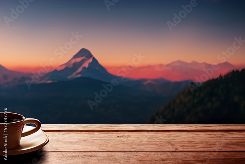 Cup of coffee on a wood table with a mountain, Generative AI © Kitsada