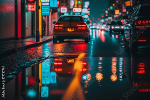 Street in Japan after heavy Rain - Busy Traffic - Neon Street Lights - Generative Ai Illustration  photo