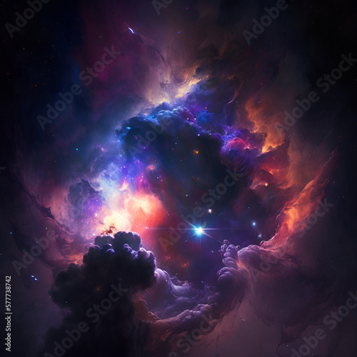 Nebula and galaxies in space. Abstract cosmos background, generative ai