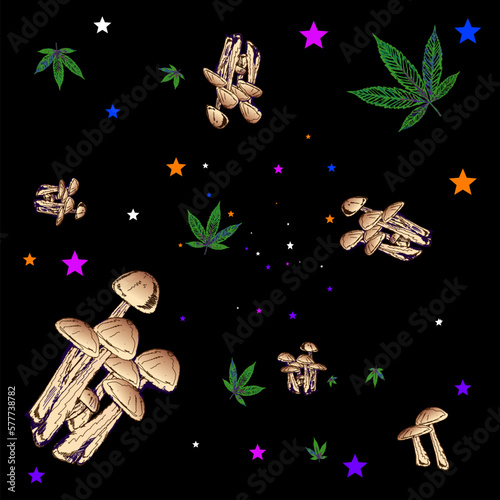 Magic Mushrooms, pot leaves , colorful Stars