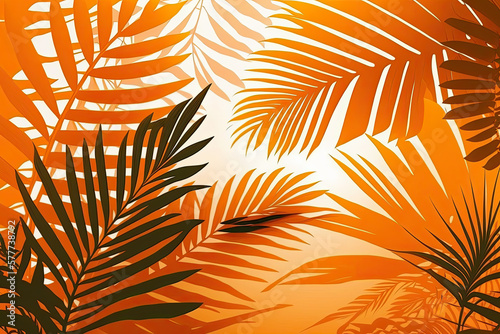 Orange summer tropical background, Palm leaves, AI