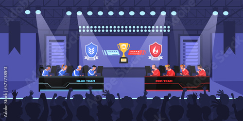 Blue and red team of e-sports athlete competition in Esports competition.