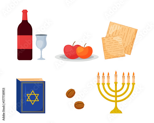 Vector Passover traditional elements icon set. Jewish holiday collection. Matzah, wine bottle and glass, torah, menorah, apples, nuts isolated on white background