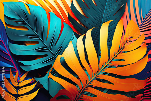 Tropical bright colorful background with exotic painted tropical palm leaves, AI