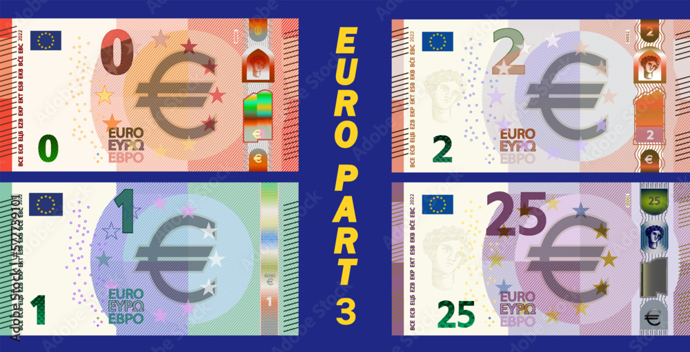 A fictional set of obverse of European Union paper money. Banknotes in denominations of zero, one, two, twenty five euros. Part three - obrazy, fototapety, plakaty 