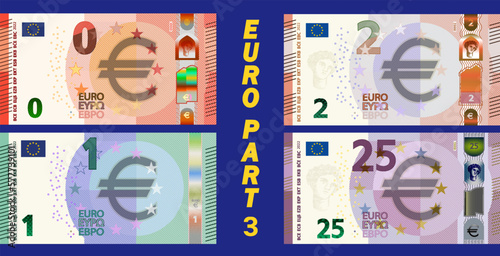 A fictional set of obverse of European Union paper money. Banknotes in denominations of zero, one, two, twenty five euros. Part three