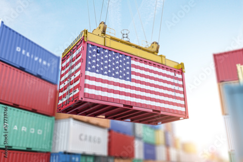 Cargo shipping container with USA United States flag in a port harbor. Production, delivery, shipping and freight transportation of american products concept.