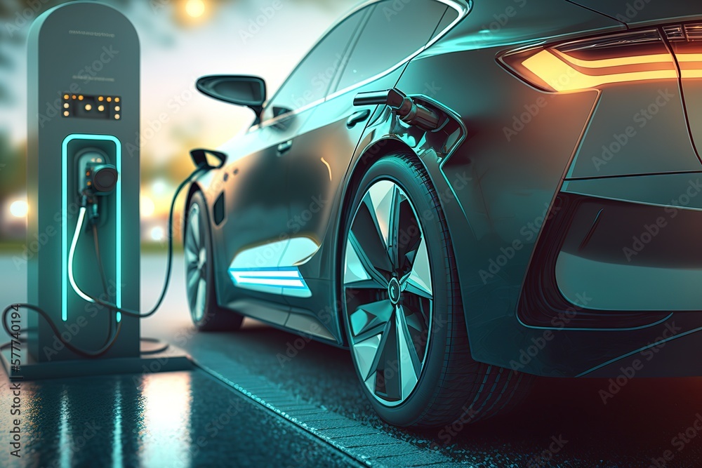 Closeup Electric car at charging station,Generative AI
