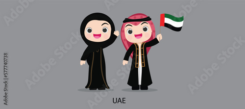 national dress with a flag. Man and woman in traditional costume. Travel to UAE. People. Vector flat illustration.